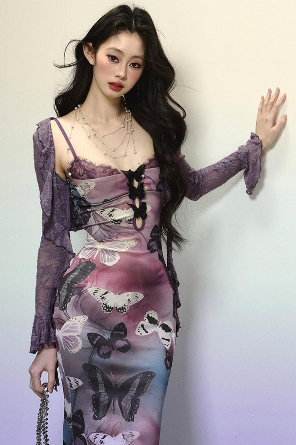 Chic Off-Shoulder Knitted Lace Dress & Coat Set-Up