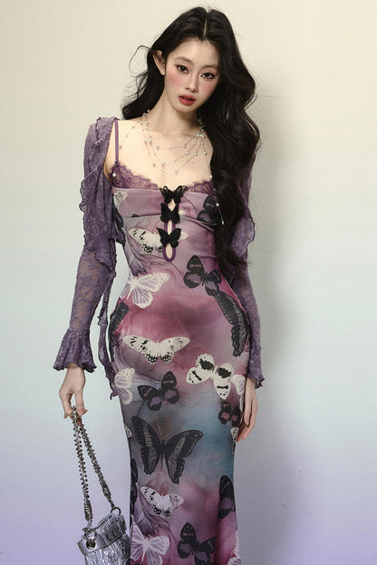 Chic Off-Shoulder Knitted Lace Dress & Coat Set-Up