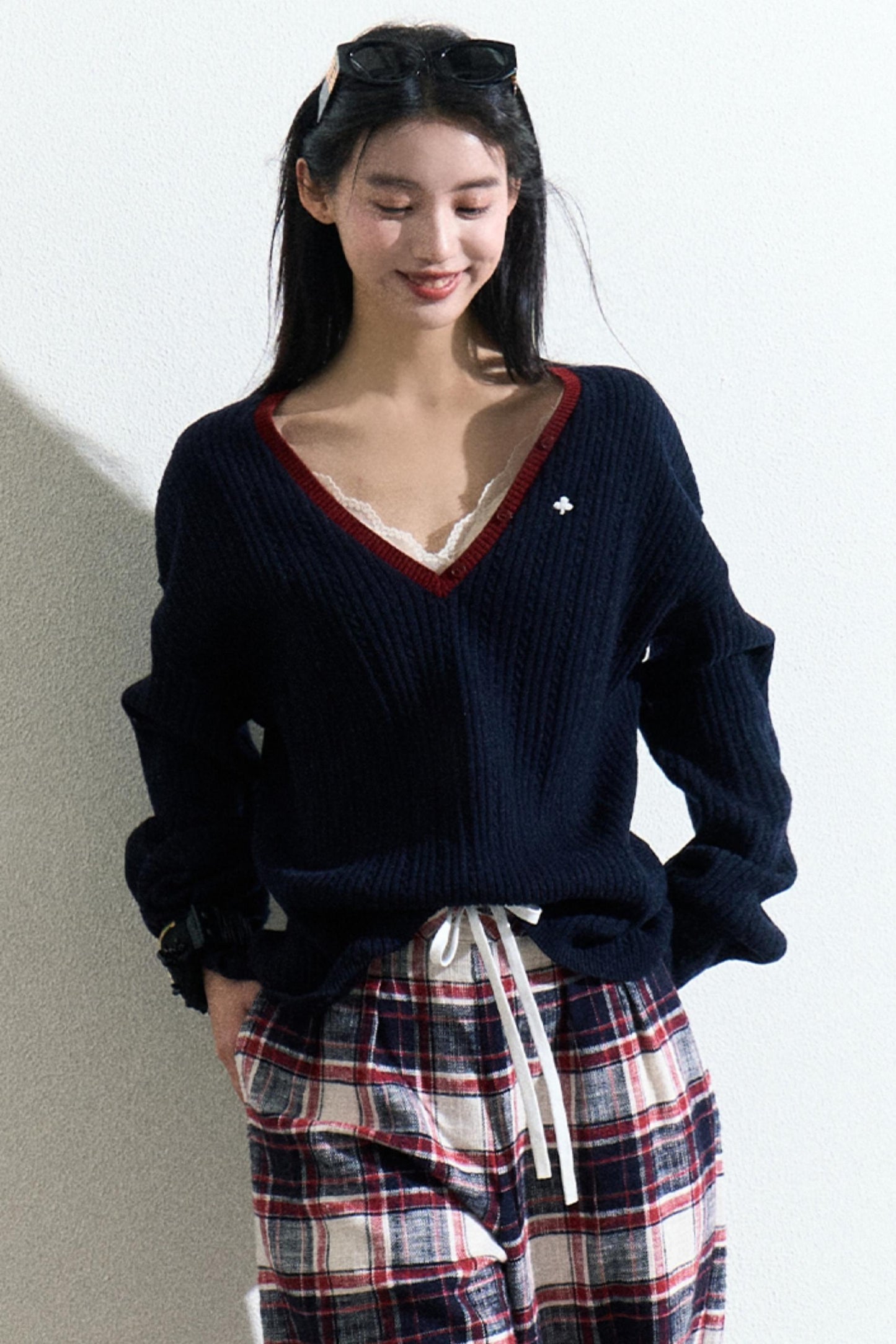 V-Neck Wool Cable Knit Top