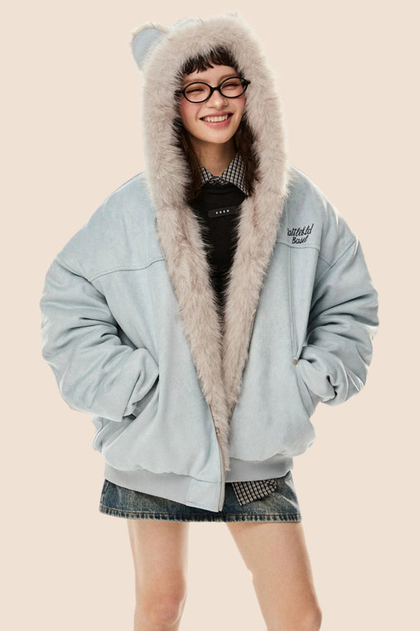 울 스웨이드 모피 후드 재킷 