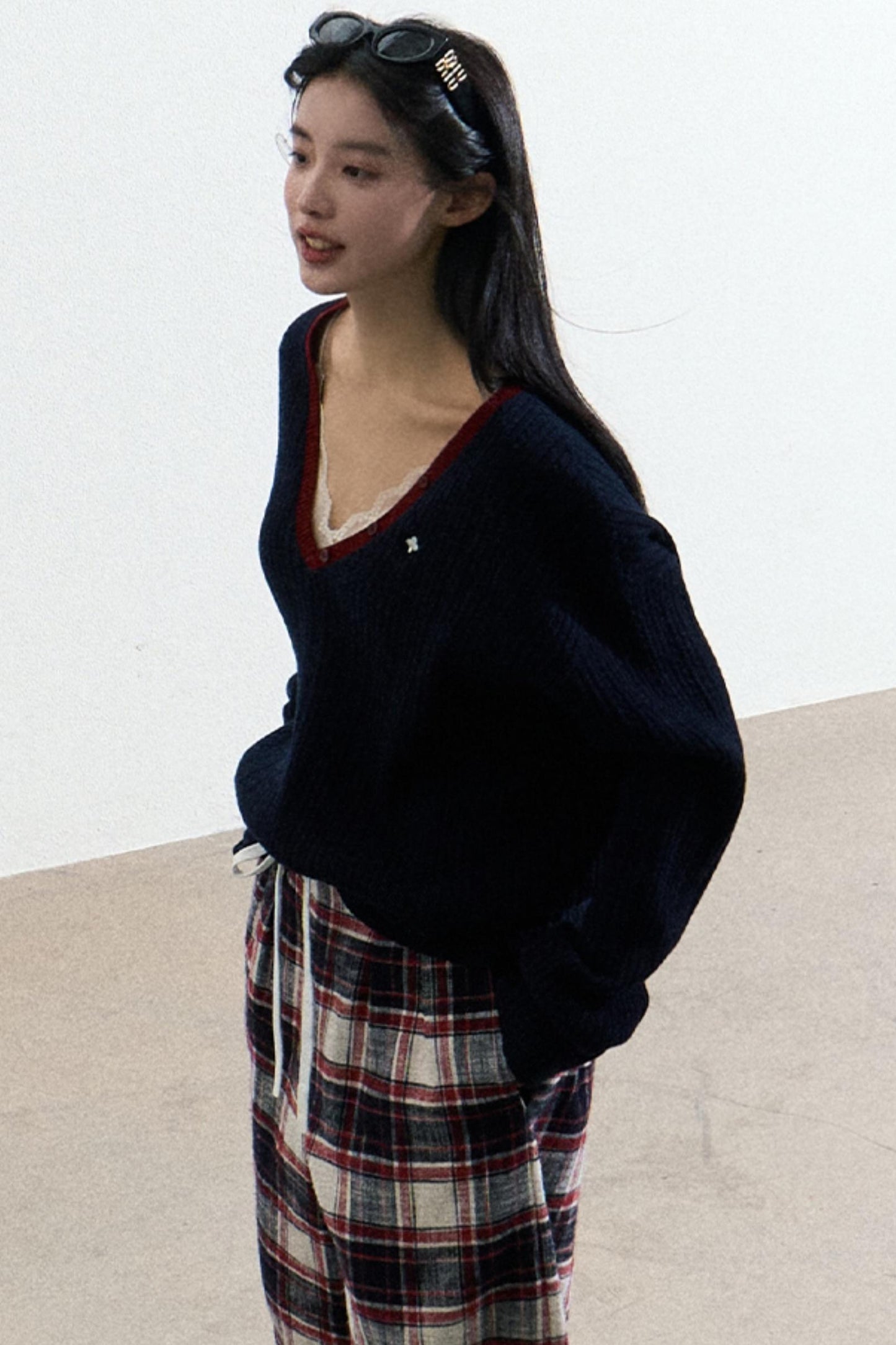 V-Neck Wool Cable Knit Top