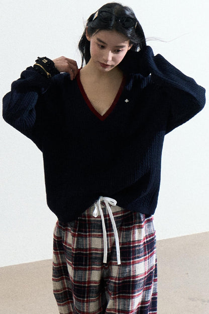 V-Neck Wool Cable Knit Top