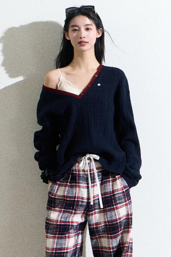 V-Neck Wool Cable Knit Top