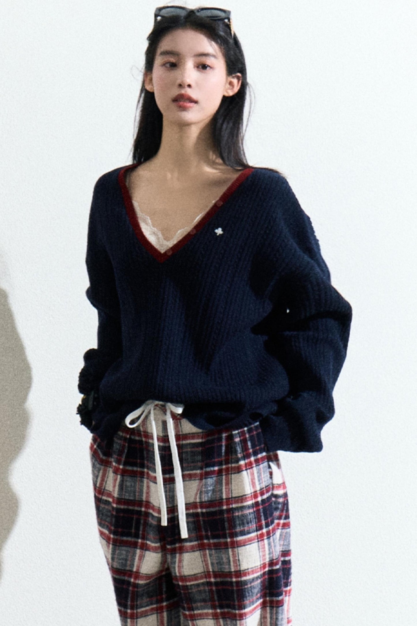 V-Neck Wool Cable Knit Top