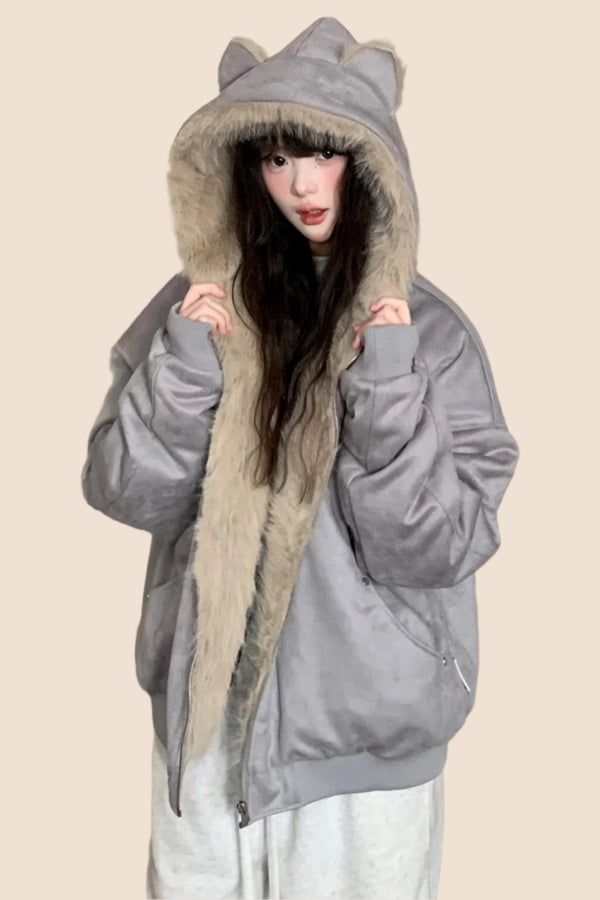 울 스웨이드 모피 후드 재킷 