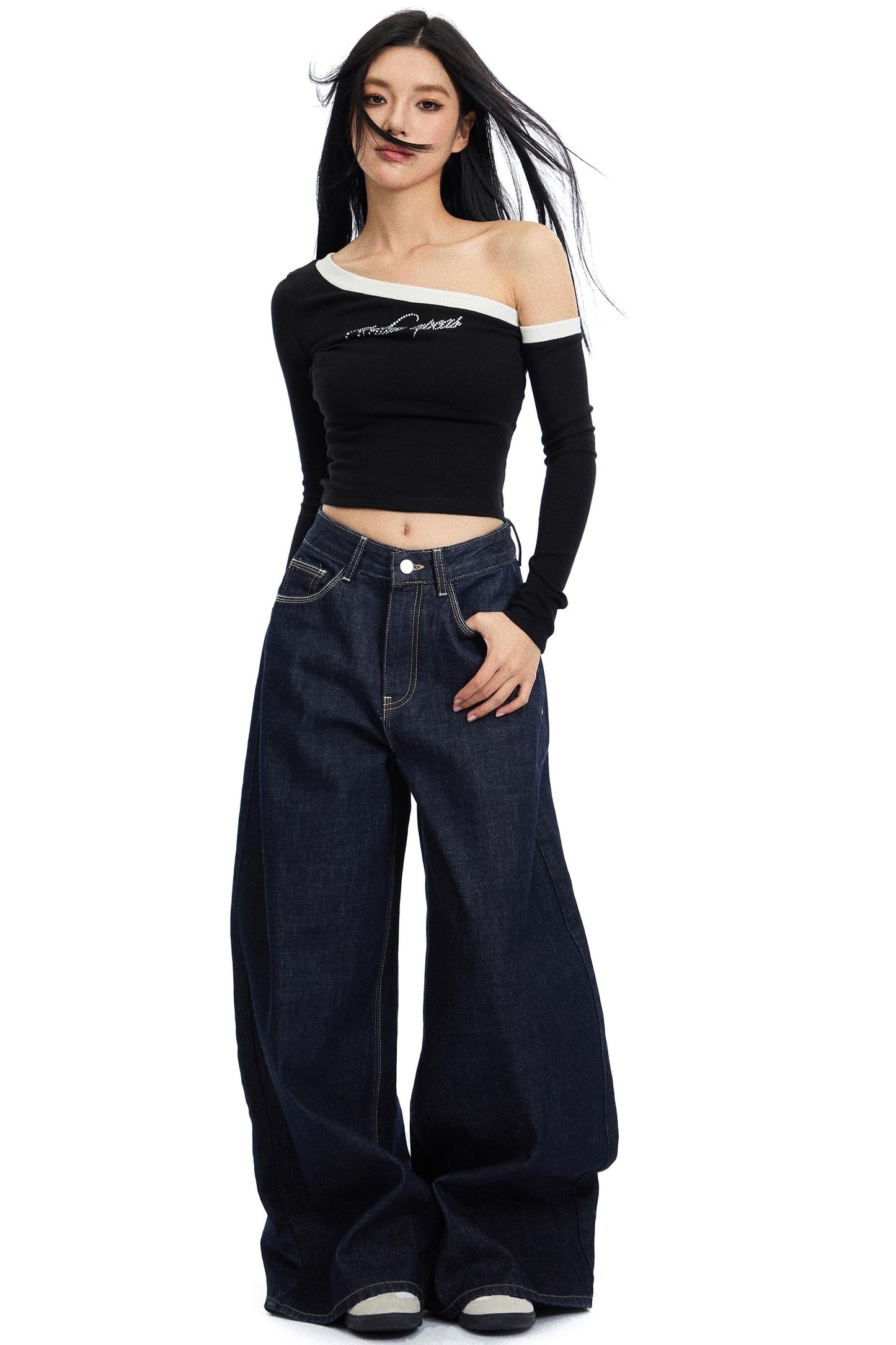 Retro Weite Bein Split Jeans Hose 