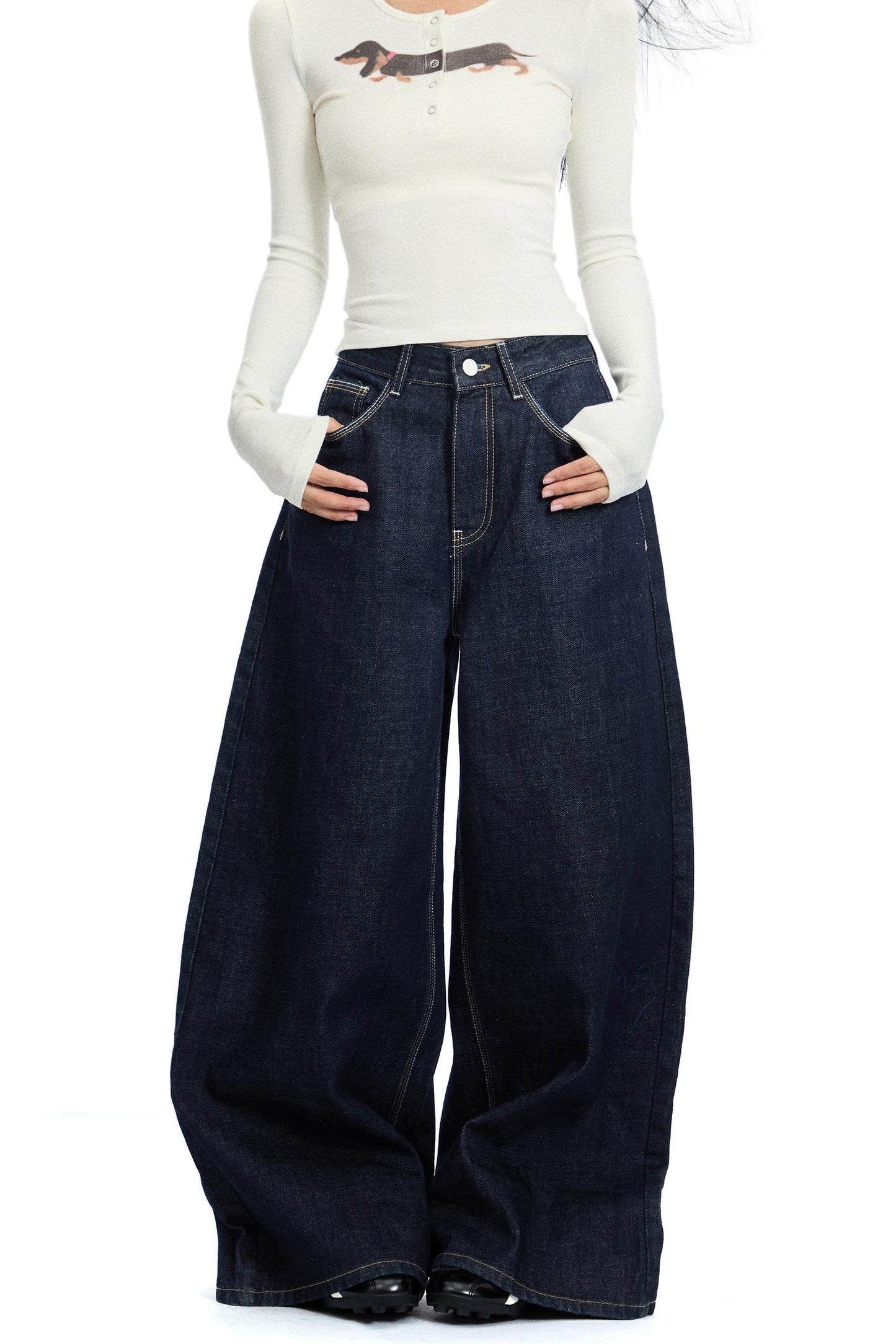 Retro Weite Bein Split Jeans Hose 