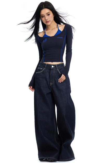Retro Weite Bein Split Jeans Hose 