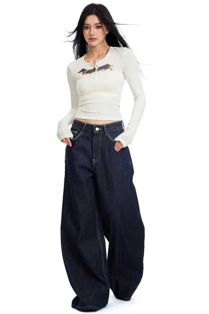 Retro Weite Bein Split Jeans Hose 