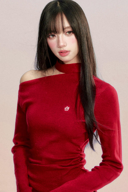 Red Off-Shoulder Knit Top