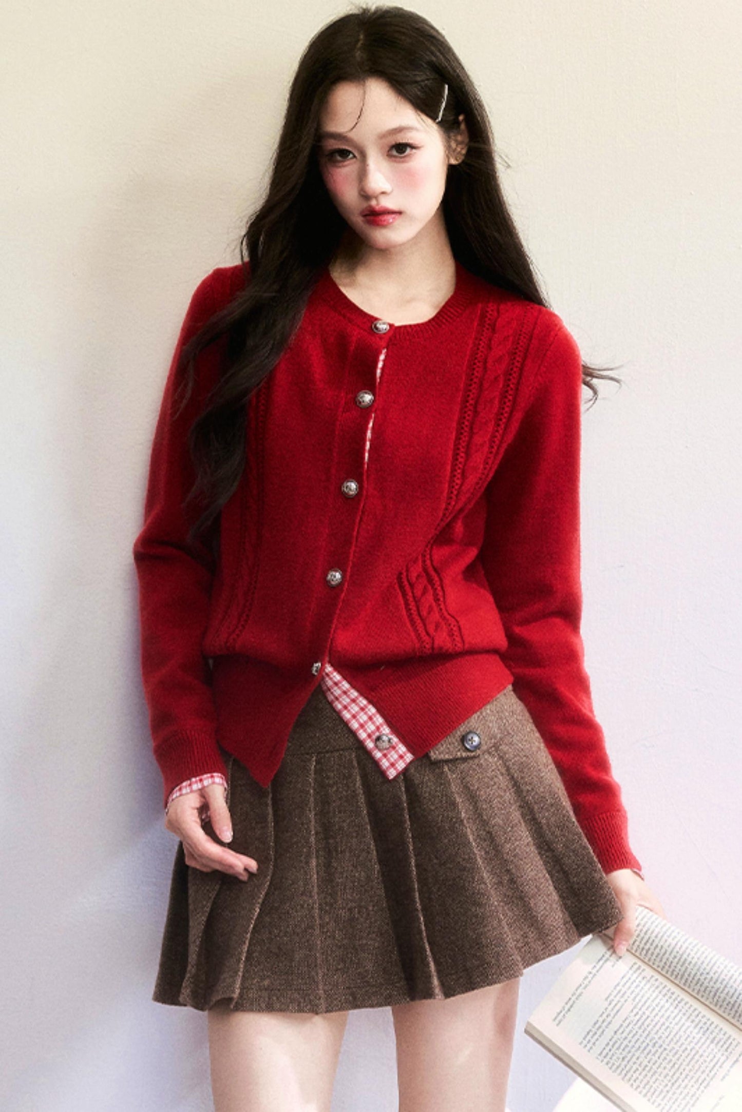 Red Patchwork Knit Cardigan