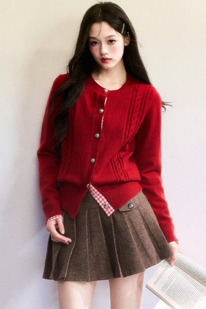 Red Patchwork Knit Cardigan