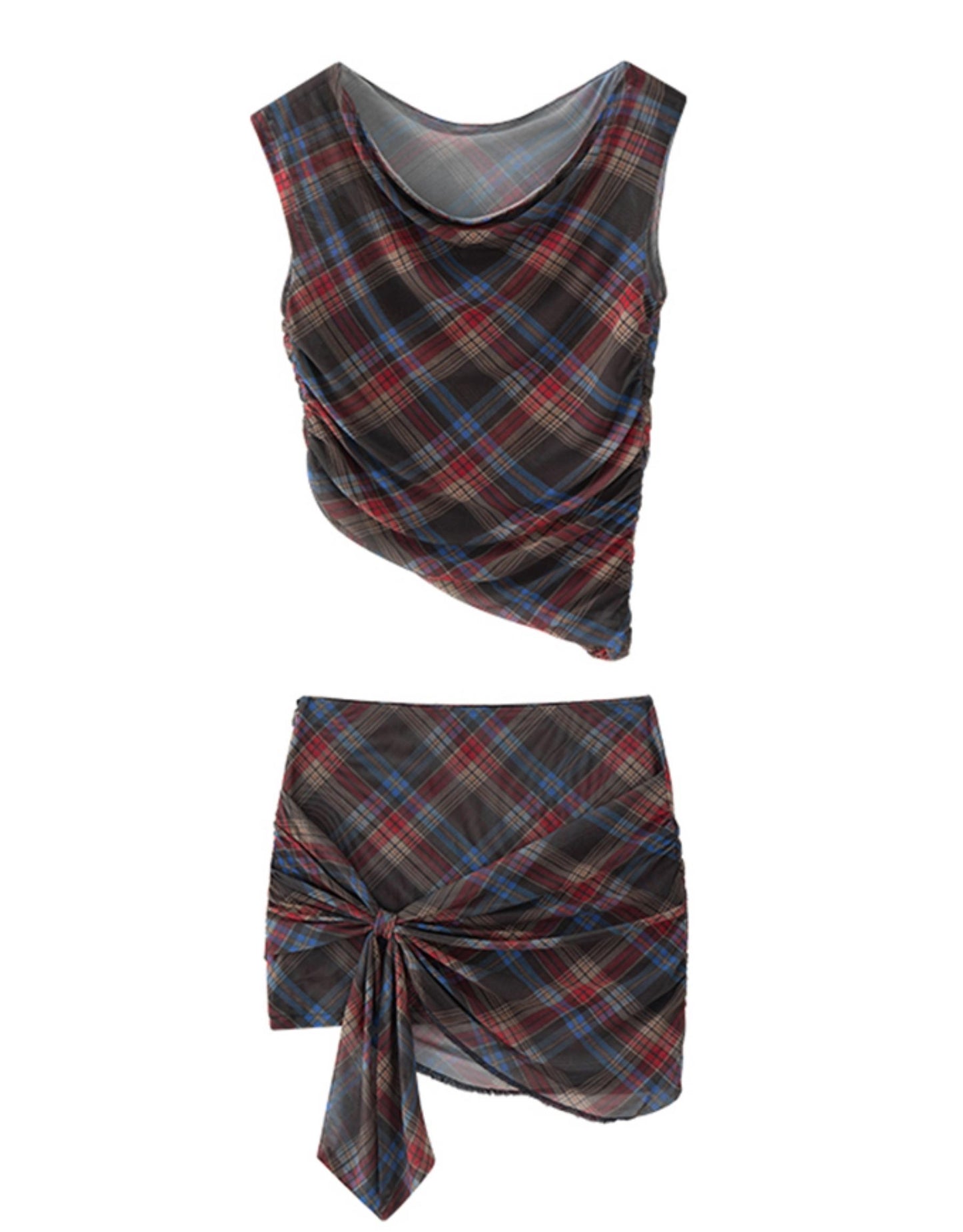 Retro Plaid Mesh Shoulder Wrap Skirt Set-Up