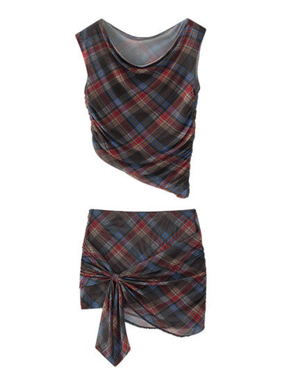 Retro Plaid Mesh Shoulder Wrap Skirt Set-Up
