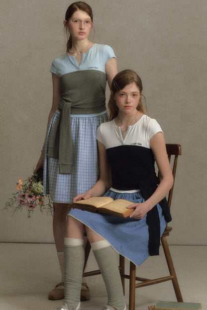 Color Clash Lace-Trimmed Plaid Dress