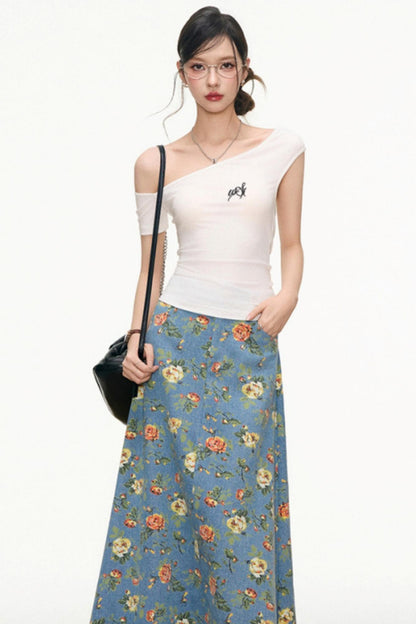 Floral Denim Skirt Set-Up