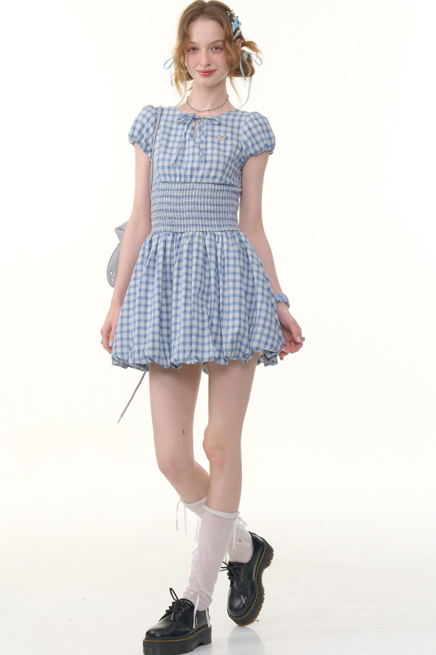 Blue Plaid Puff Sleeve Dress