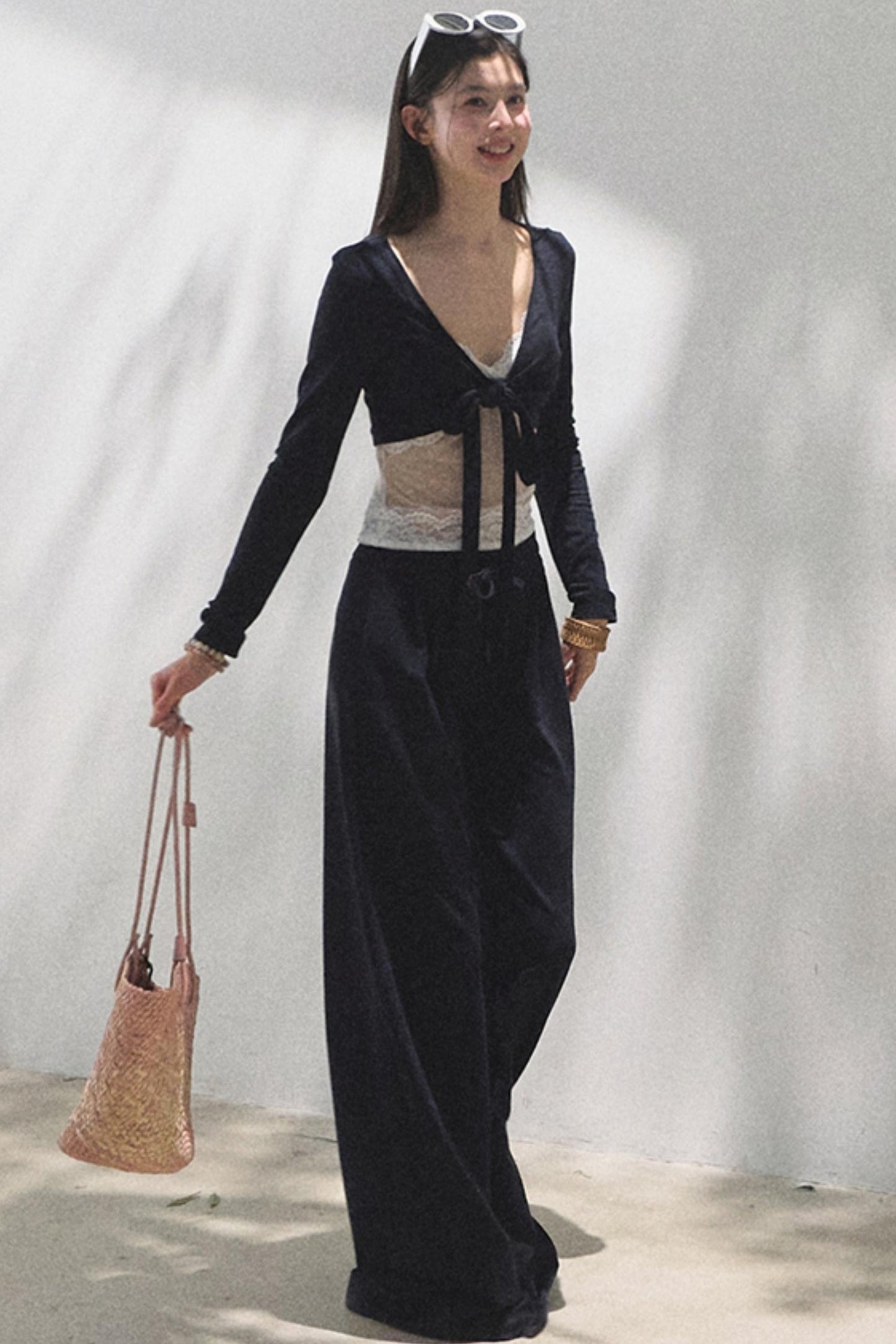 Lace-Up Top & Wide Leg Pants Set-Up
