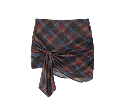 Retro Plaid Mesh Shoulder Wrap Skirt Set-Up