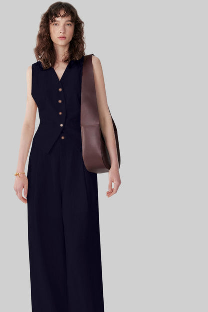 Pleated V-Neck Vest & Wide-Leg Trousers Set-Up