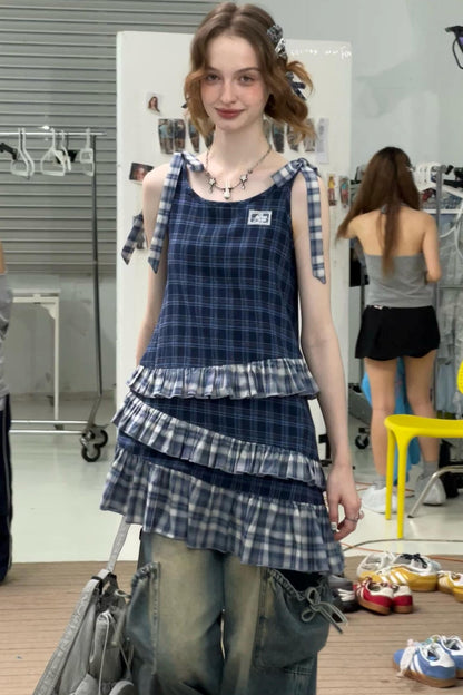 Blue Plaid Halter Dress