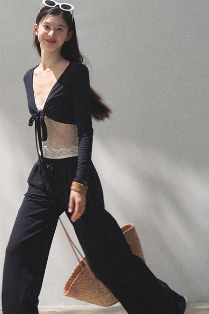 Lace-Up Top & Wide Leg Pants Set-Up