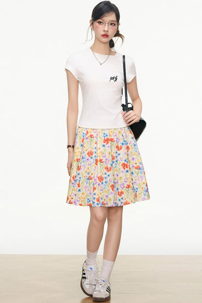 White Floral Skirt And White T-Shirt Set-Up
