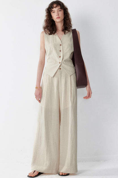 Pleated V-Neck Vest & Wide-Leg Trousers Set-Up