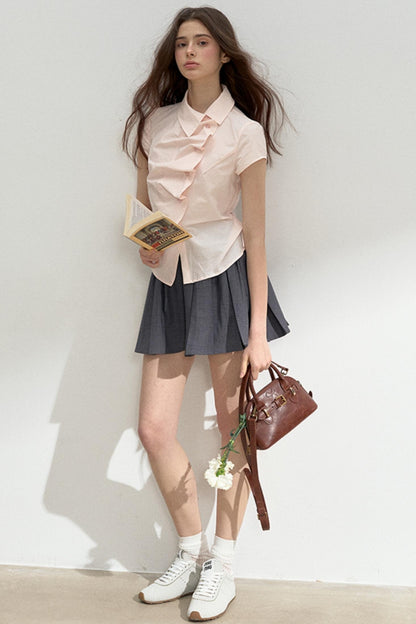 Pink Ruffled Lace Short Sleeves Blouse