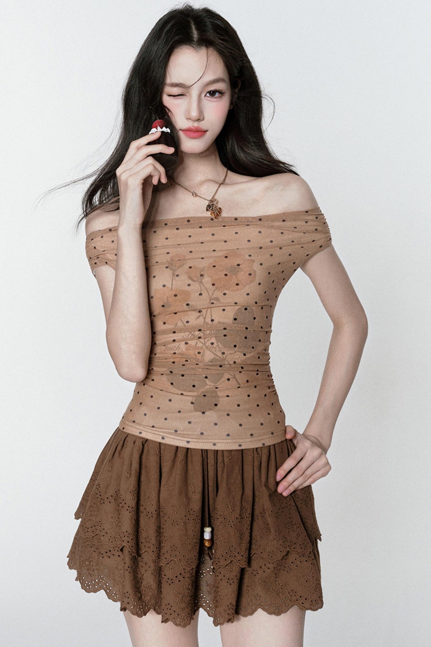 Rose Mist Polka Dot One-Shoulder Top