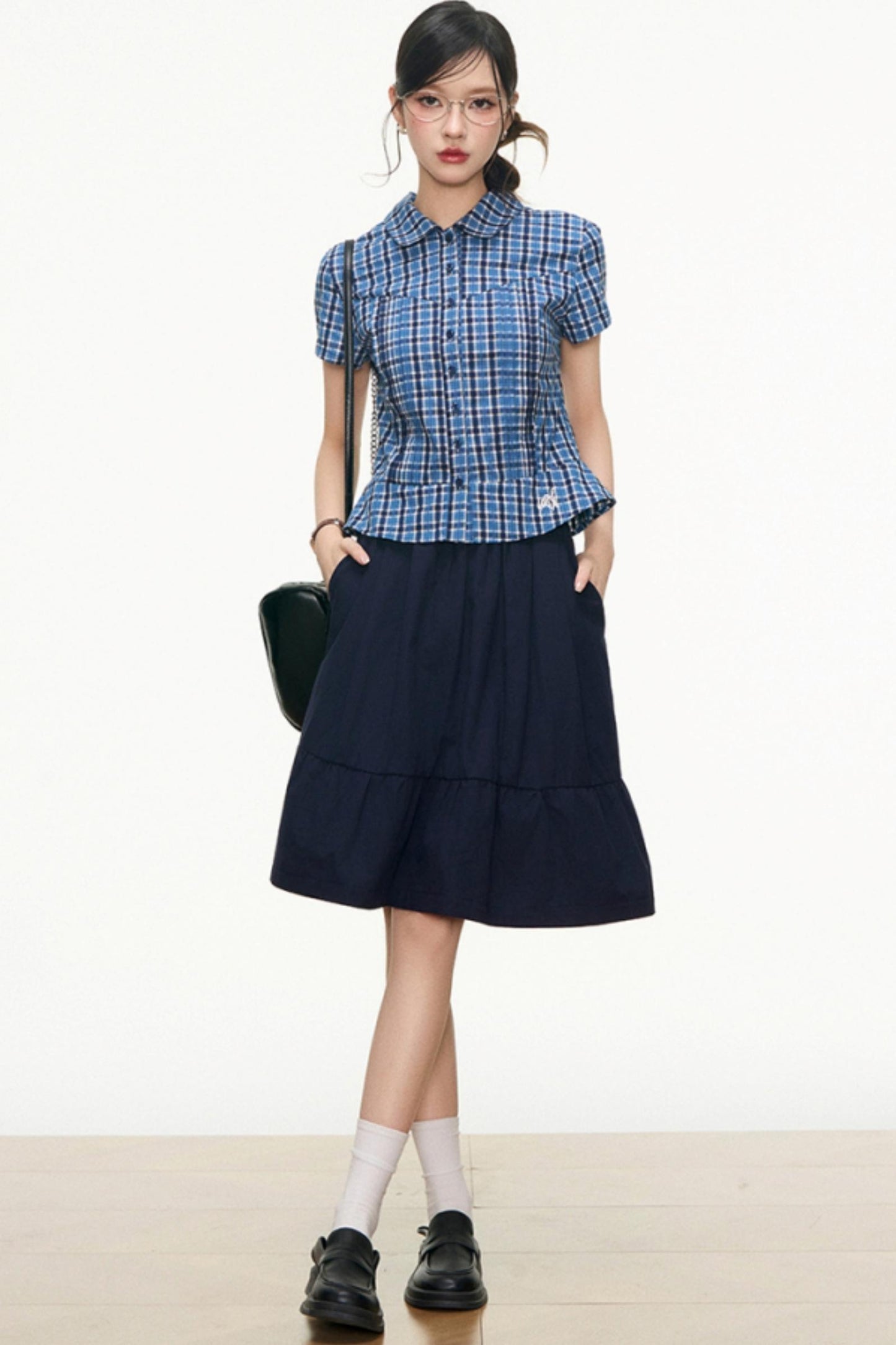 Checked Navy Skirt Shirt Set-Up
