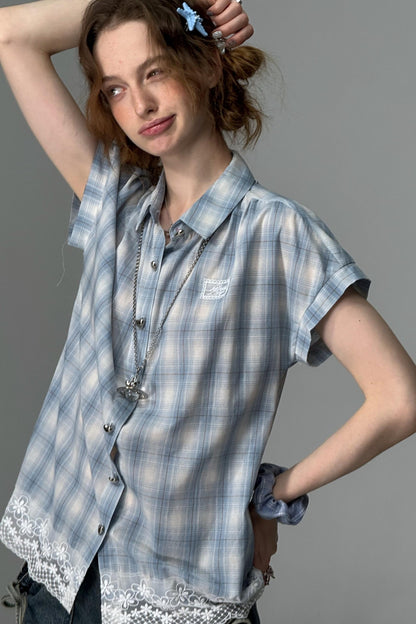 Vintage Blue Plaid Lace Trim Top