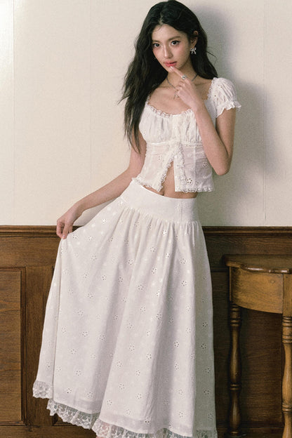 Floral Embroidered Top And Flared Skirt Set-Up