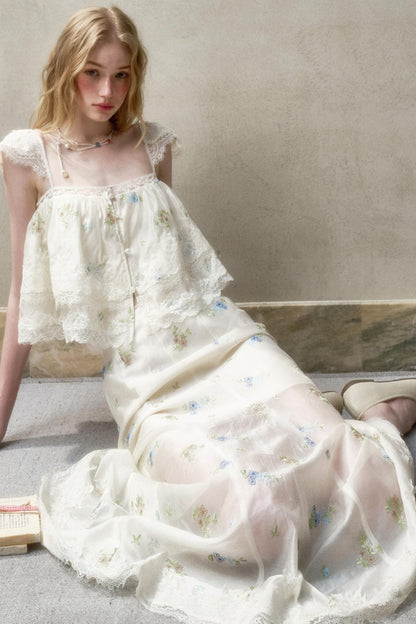 Airy Floral Ensemble Long Lace Skirt Set-Up