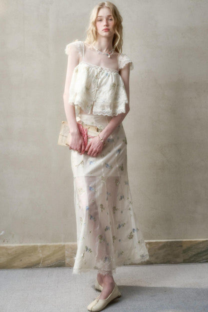 Airy Floral Ensemble Long Lace Skirt Set-Up