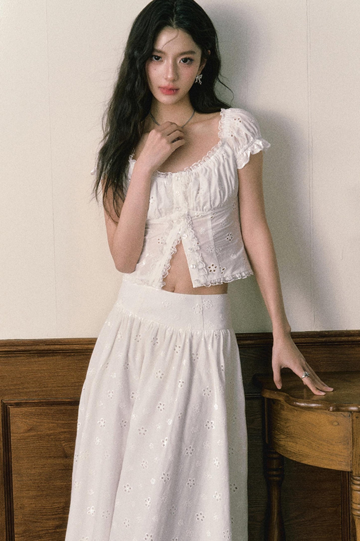 Floral Embroidered Top And Flared Skirt Set-Up