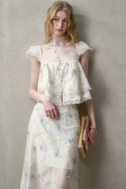 Airy Floral Ensemble Long Lace Skirt Set-Up