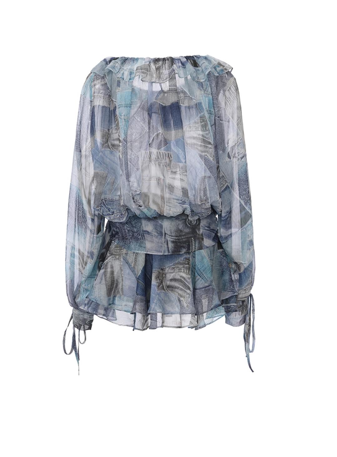 Rhythmic Ruffles Denim Drawstring Shirt Dress