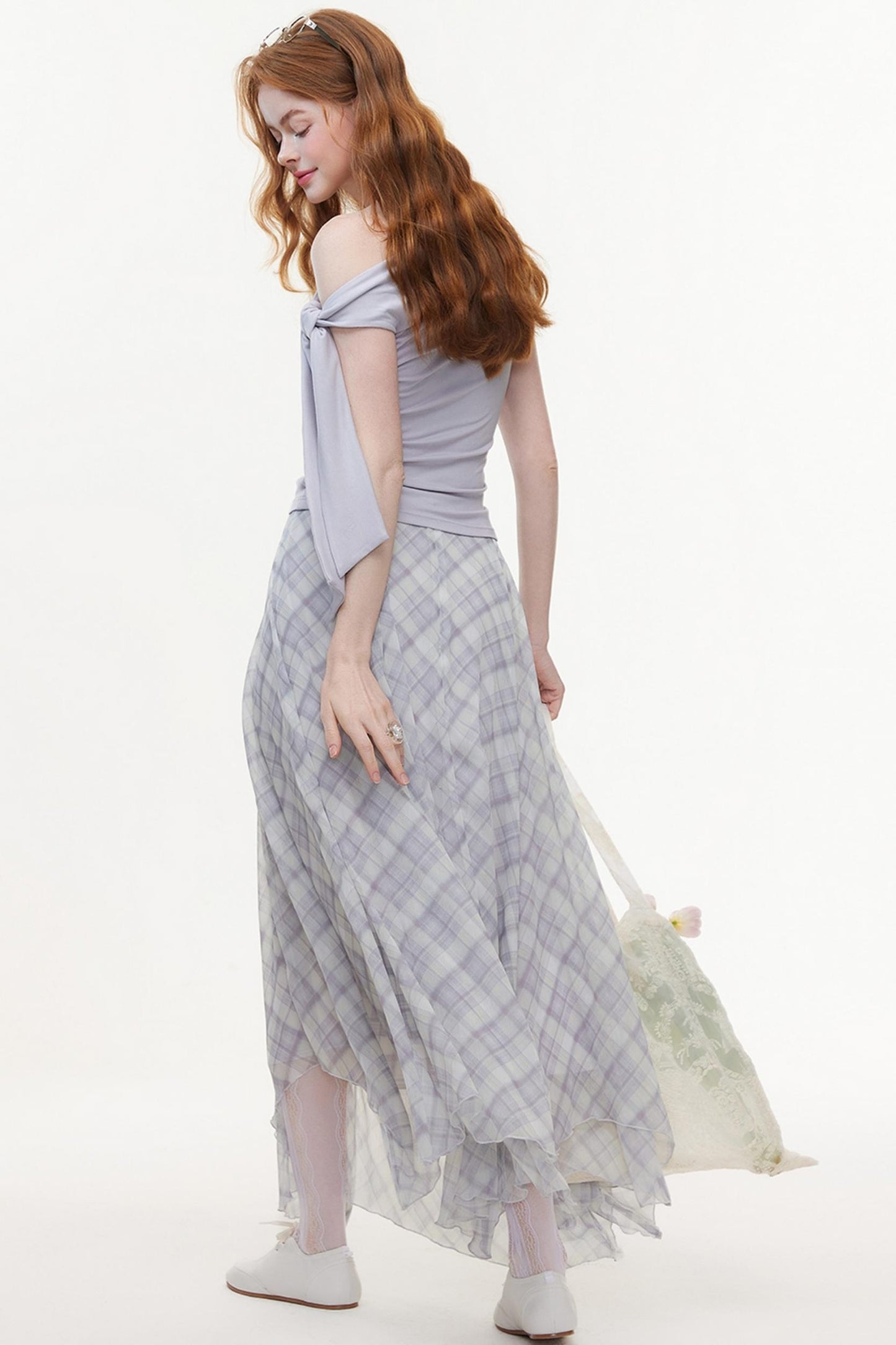 Irregular Plaid Chiffon Bustier Skirt