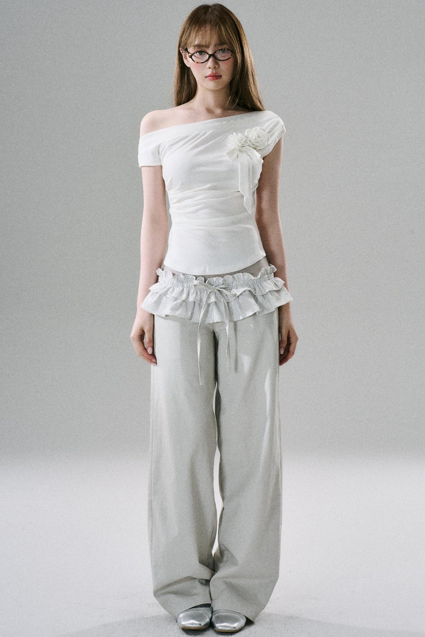 Slim Stretch Silver Wide-Leg Trousers