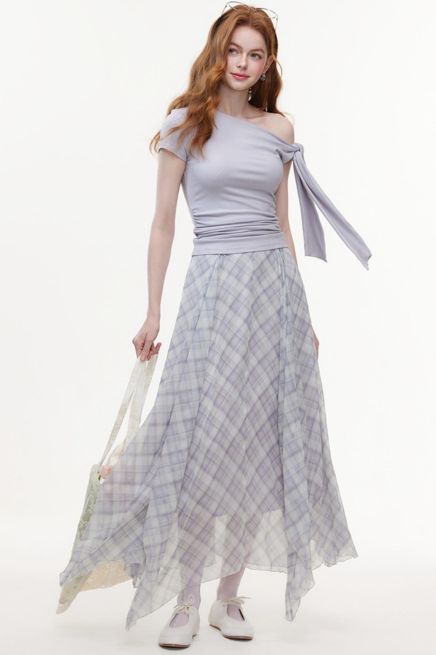 Irregular Plaid Chiffon Bustier Skirt