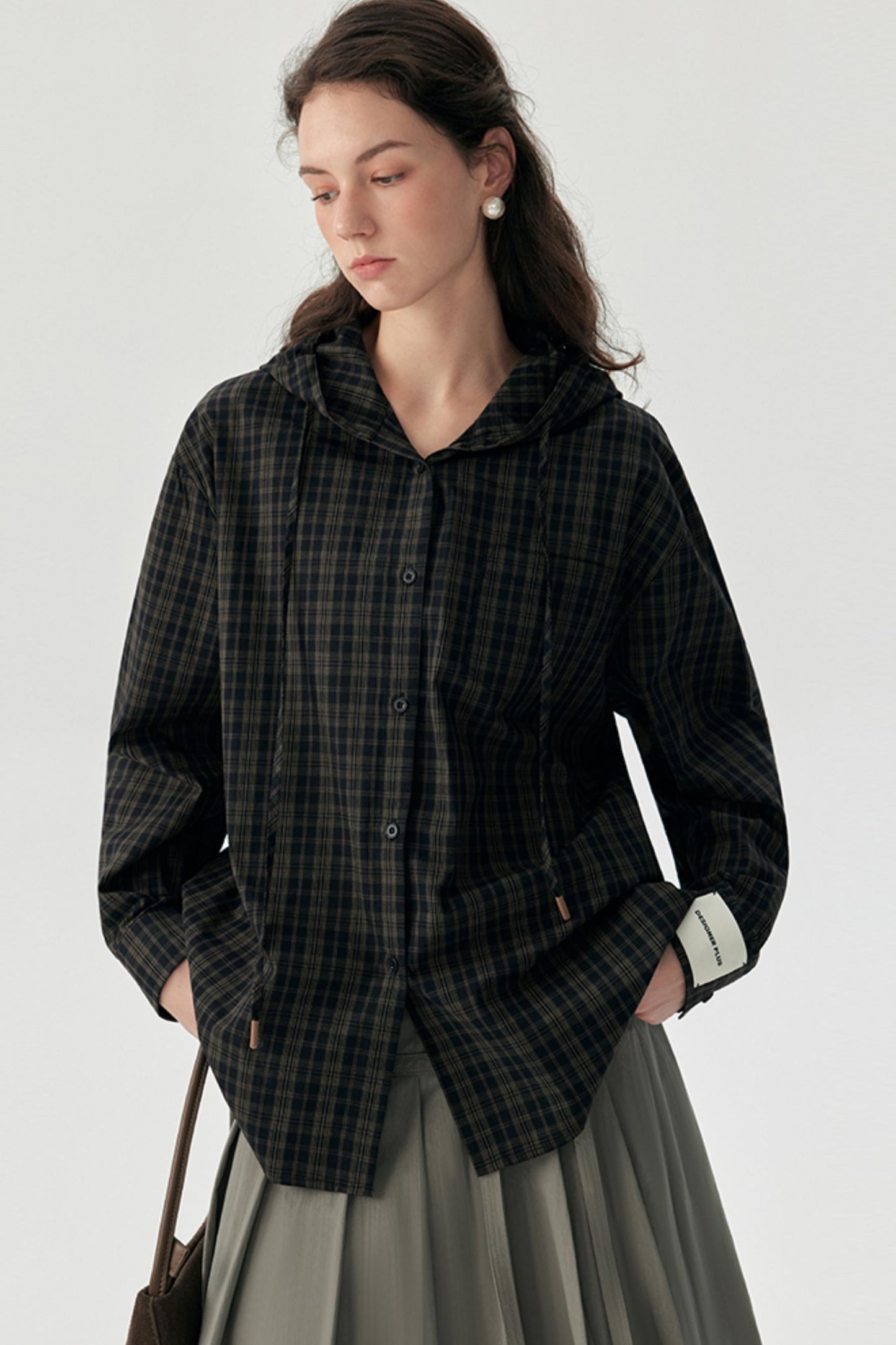 Contrast Check Hooded Shirt