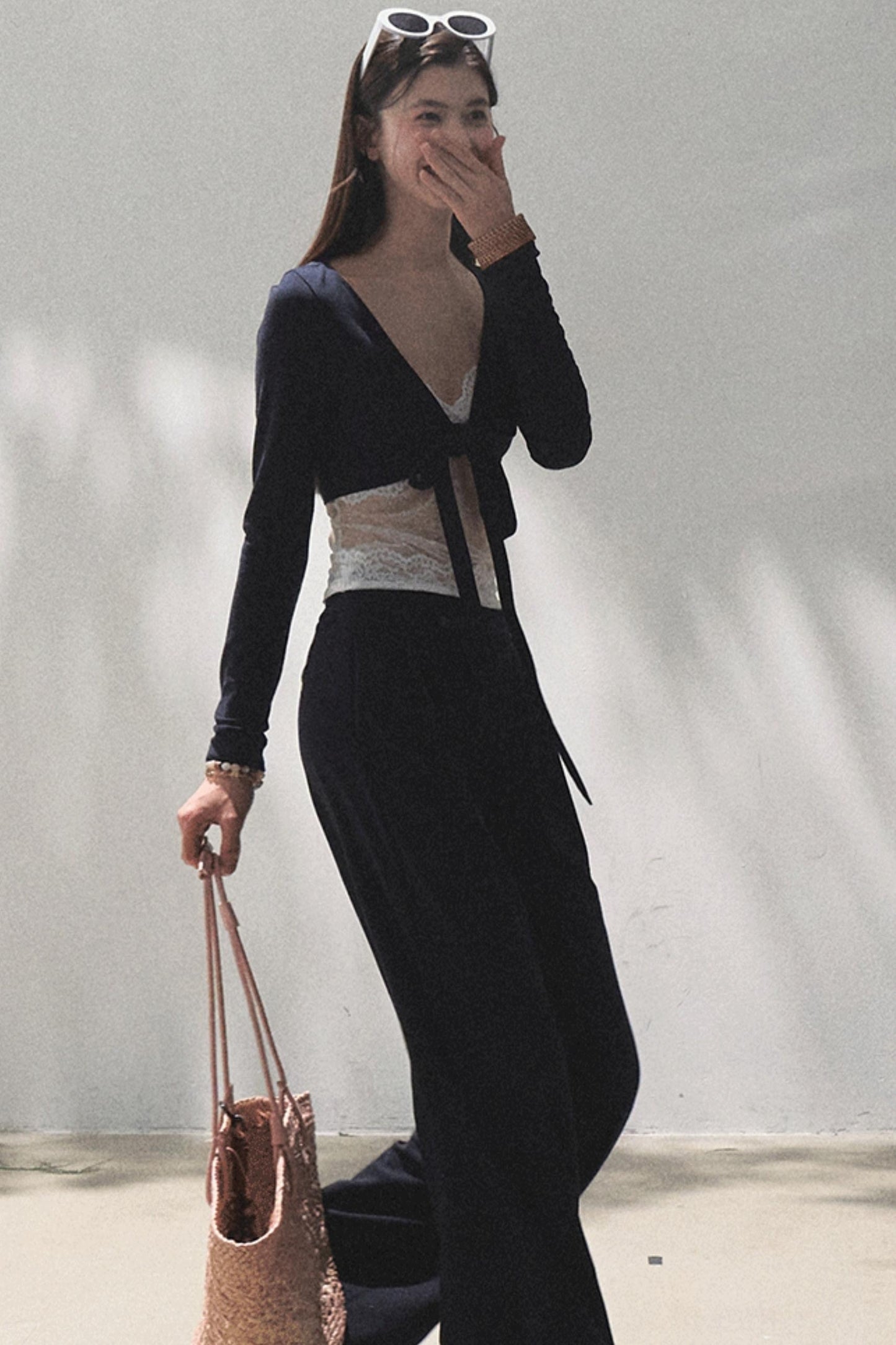 Lace-Up Top & Wide Leg Pants Set-Up