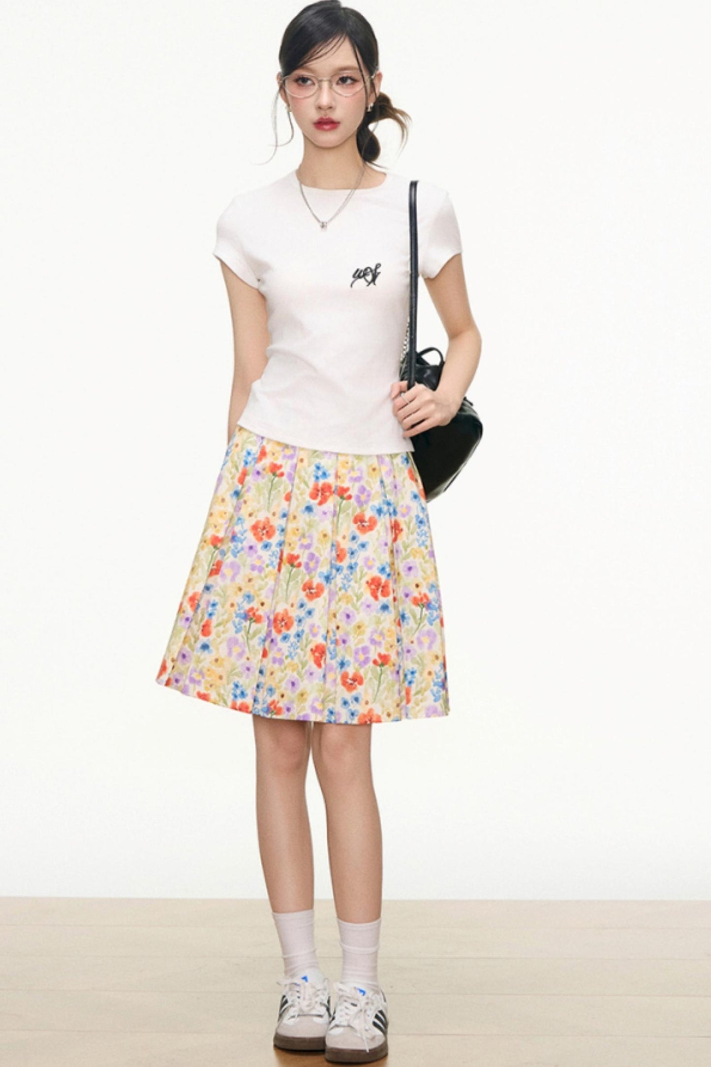 White Floral Skirt And White T-Shirt Set-Up