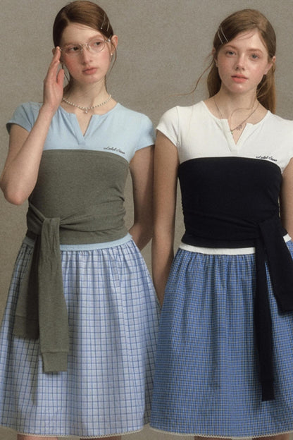 Color Clash Lace-Trimmed Plaid Dress