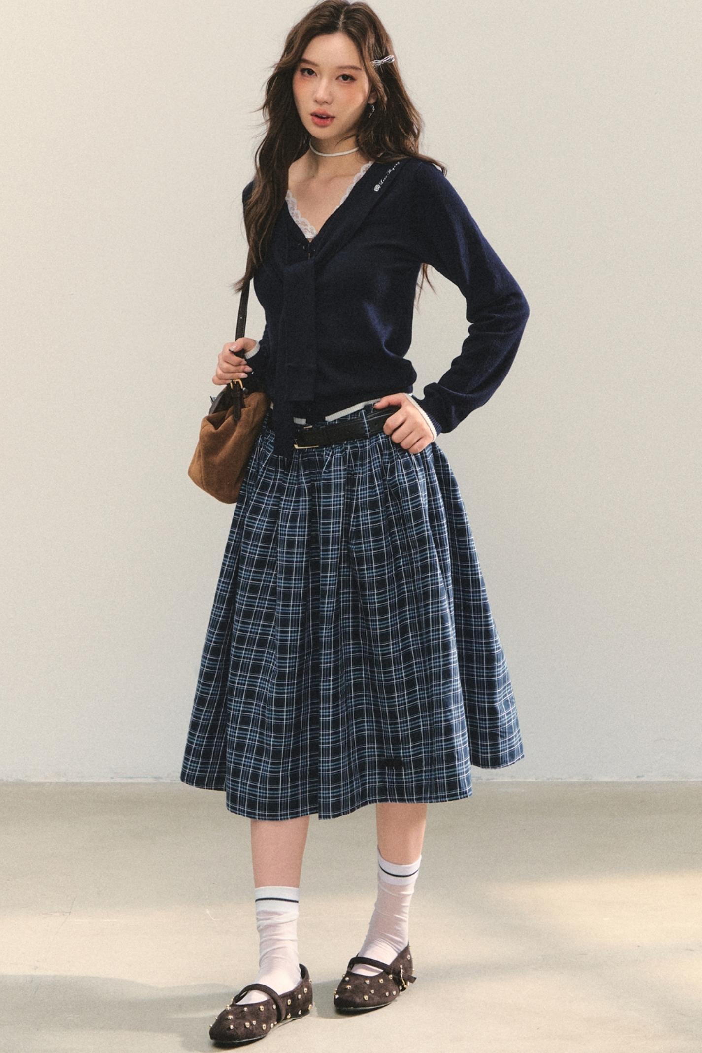 Checkered High Waist Flare Skirt