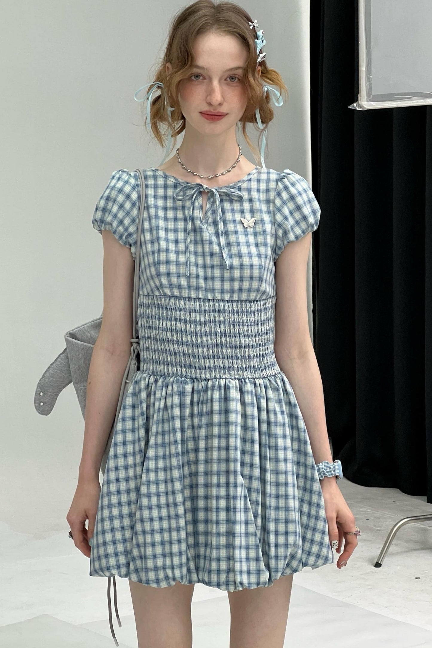 Blue Plaid Puff Sleeve Dress