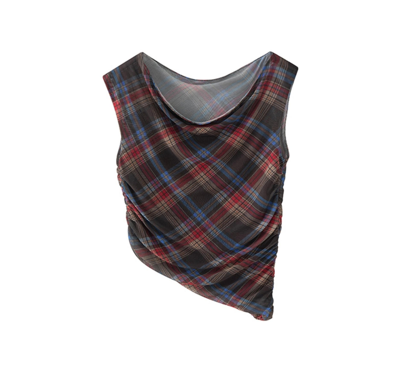 Retro Plaid Mesh Shoulder Wrap Skirt Set-Up