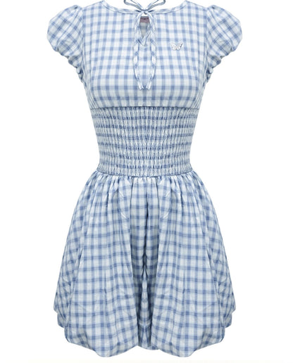Blue Plaid Puff Sleeve Dress