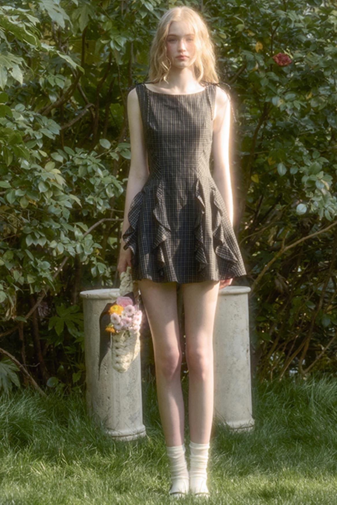 Dark Gray Lace Plaid Dress